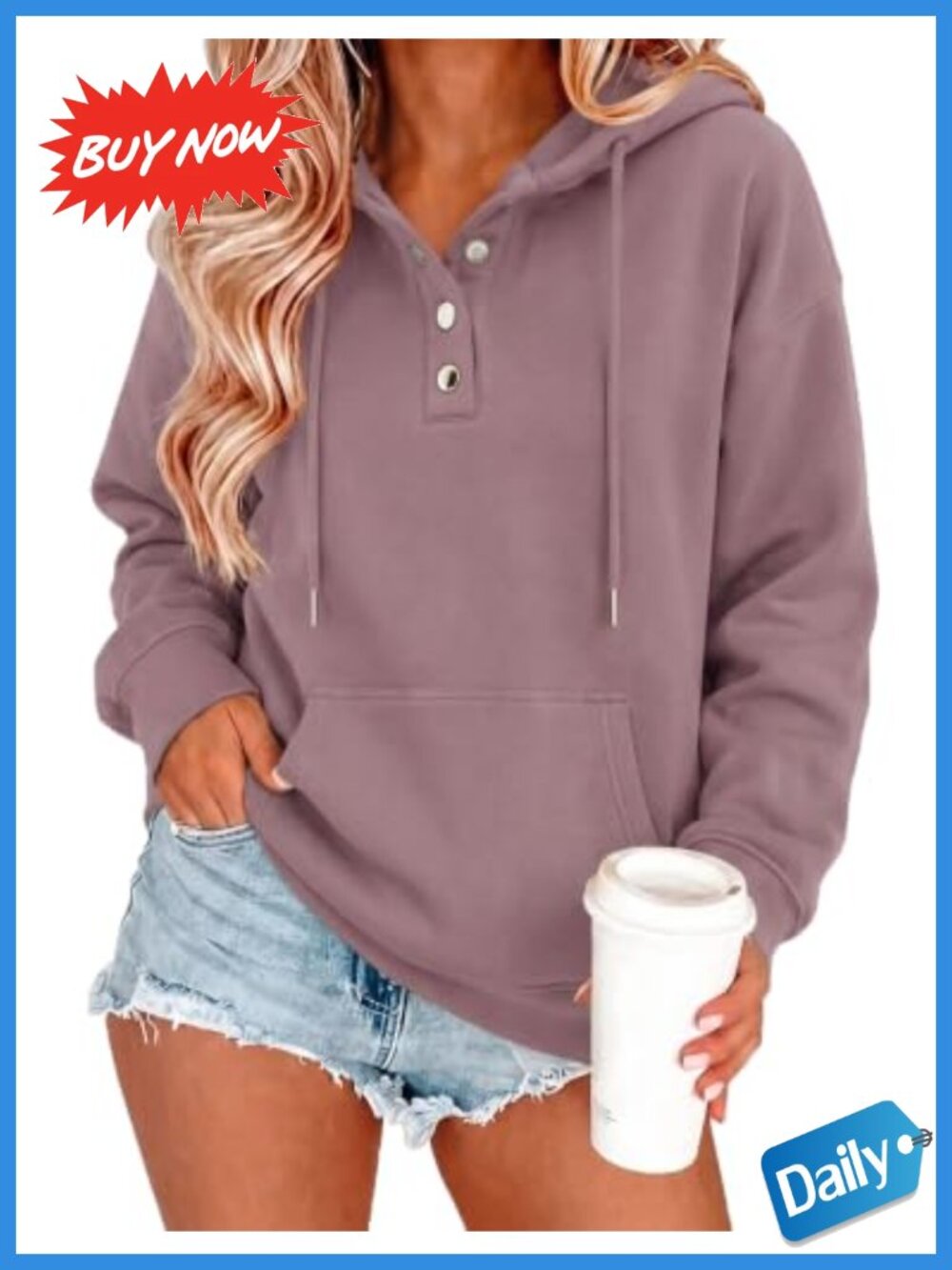 Zeagoo Women's V-Neck Button Front Hoodie Oversized Sweatshirt